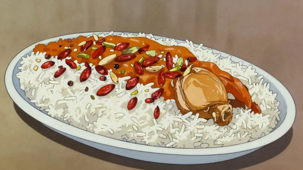 Zereshk polo, barberry-jeweled saffron rice served with chicken, Iran main, anime style