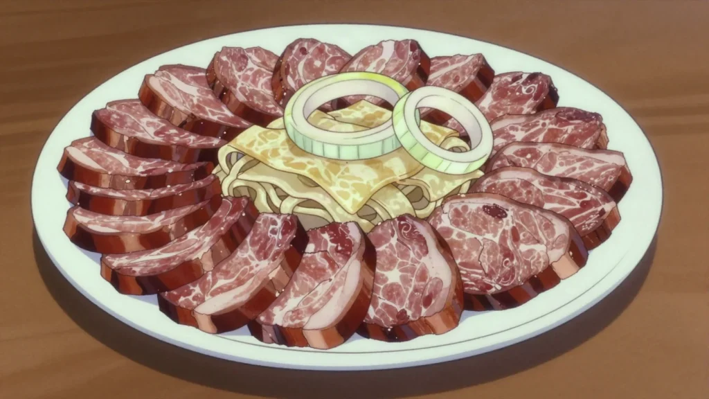 Zhaya, salted and smoked horse rump, sliced thin like ham, Kazakhstan charcuterie & cured, anime style