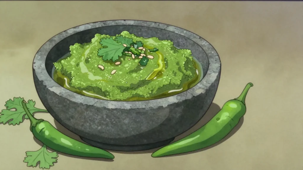 Zhug, searing Yemenite green chili-coriander paste, Israel sauce & condiment, anime style