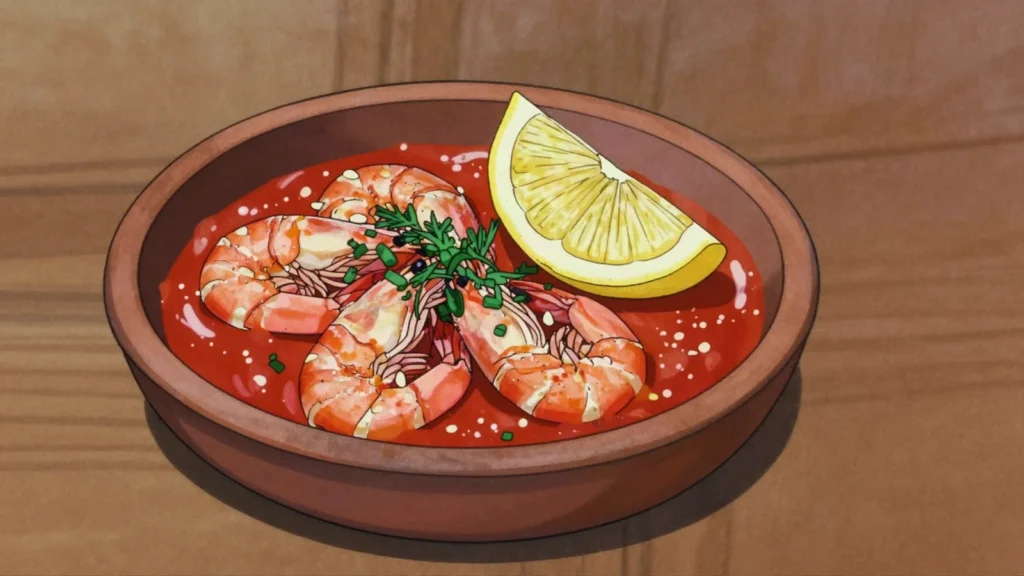 Zibdiyit gambari, shrimp baked with chilli, tomato and dill in a clay bowl, Palestine main, anime style