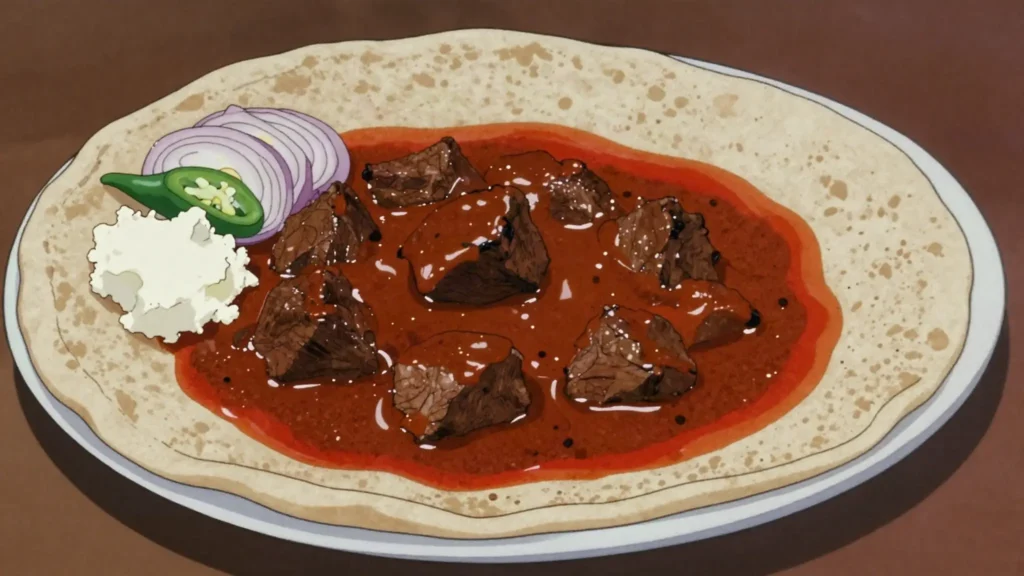 Zigni, long-simmered beef stew fiery with berbere, ladled over injera, Eritrea soup & stew, anime style