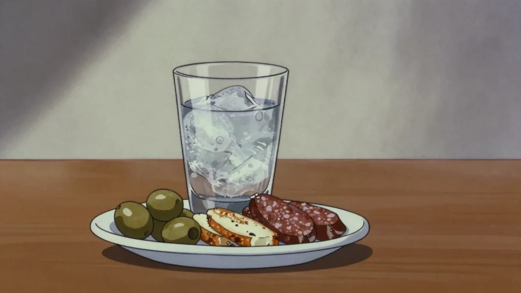 Zivania, fiery grape-pomace spirit, served ice cold, Cyprus wine & spirit, anime style