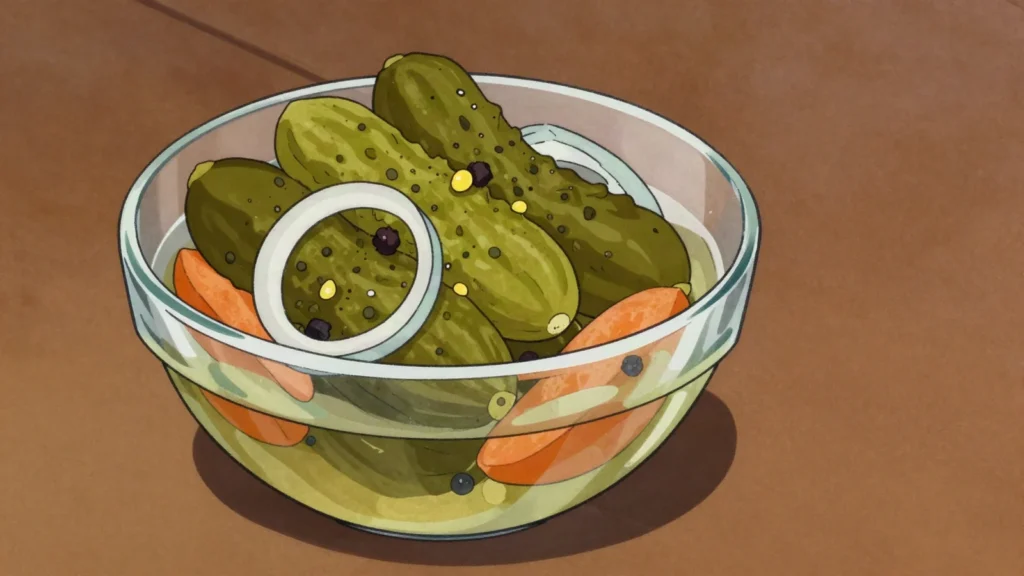 Znojemské okurky, small gherkins pickled with onion and mustard seed in Moravia, Czechia fermented & pickled, anime style