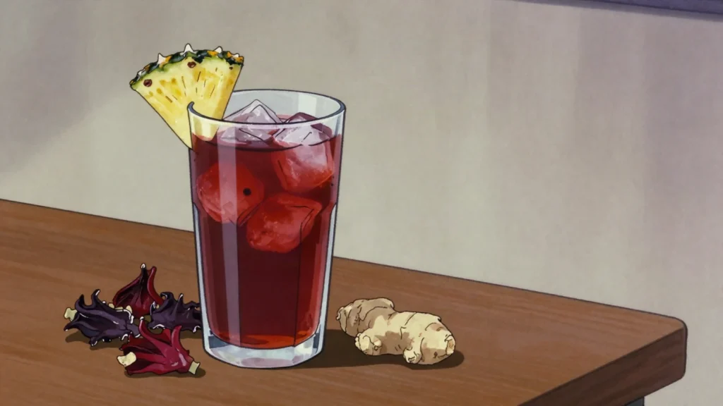Zobo, tart hibiscus drink with ginger and pineapple, Nigeria drink, anime style