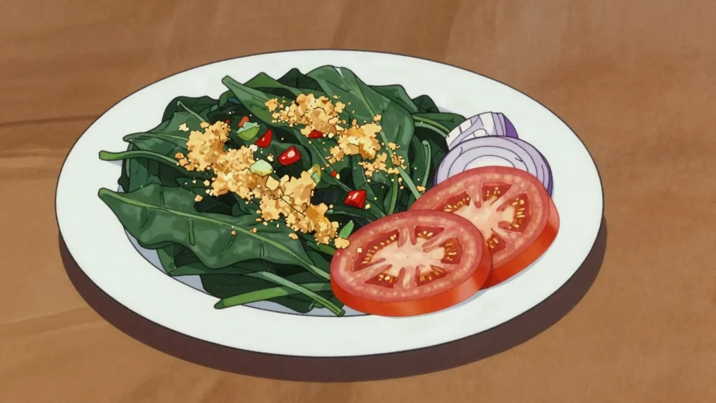 Zogale, steamed moringa leaves tossed with peanut flour, chili and oil, Niger salad & side, anime style