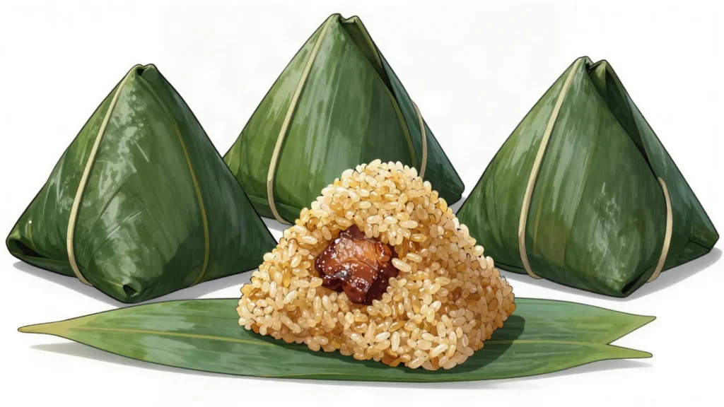 Zongzi, sticky rice with pork or red bean wrapped in bamboo leaves for Dragon Boat Festival, China snack, anime style