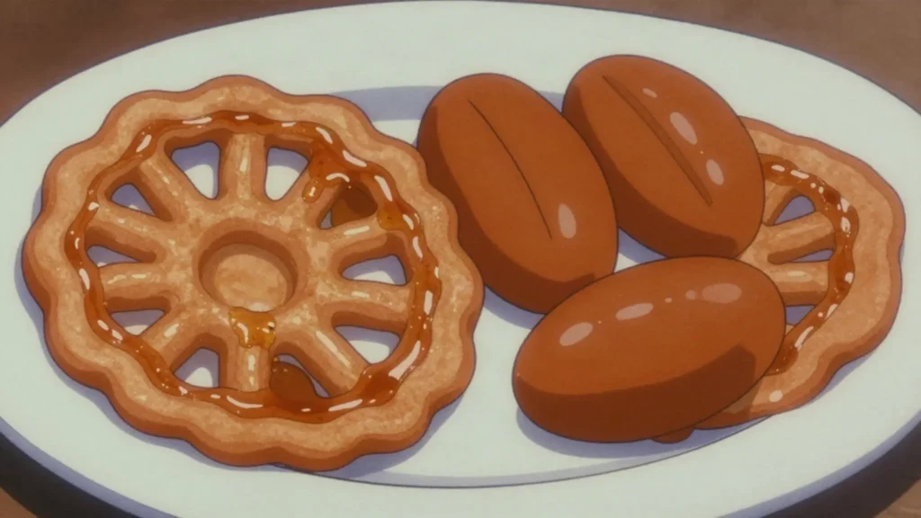 Zoolbia bamieh, syrup-soaked fried batter in spirals and finger shapes, orange and sticky, Iran dessert, anime style