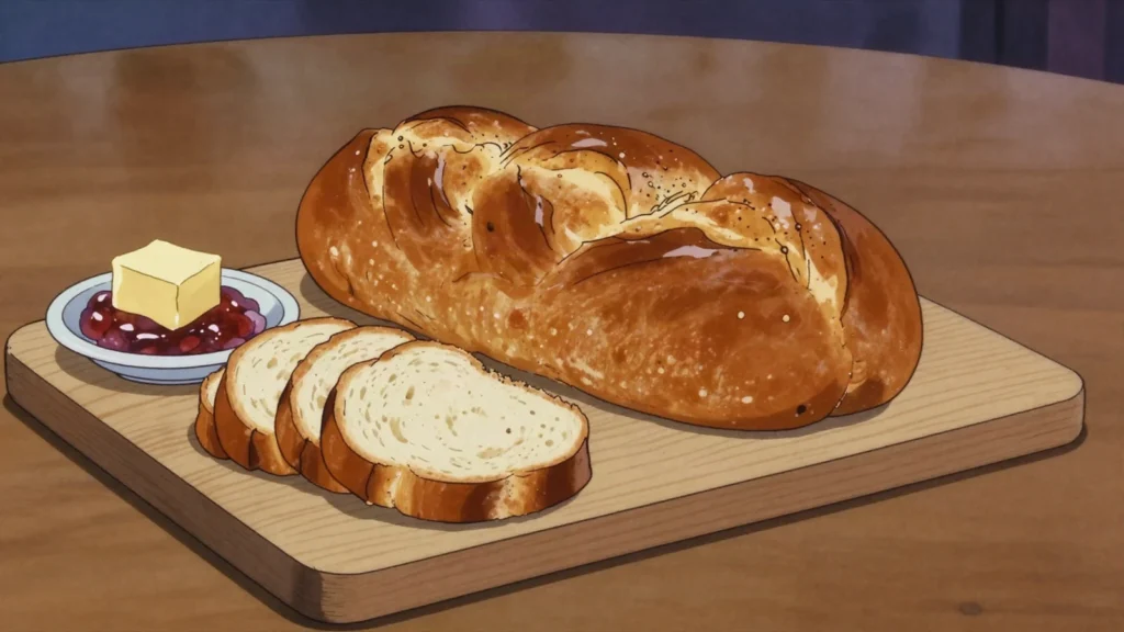 Zopf, glossy braided butter loaf for Sunday mornings, Switzerland bread & pastry, anime style