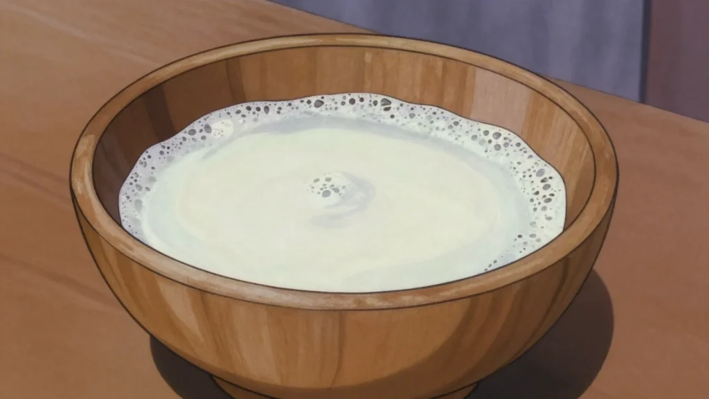 Zrig, frothed camel or goat milk diluted with water and sugar; hospitality drink, Mauritania drink, anime style