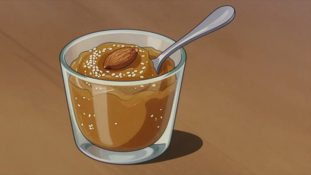 Zrir, sesame, honey and nut paste eaten by the spoonful from a glass, Tunisia dessert, anime style
