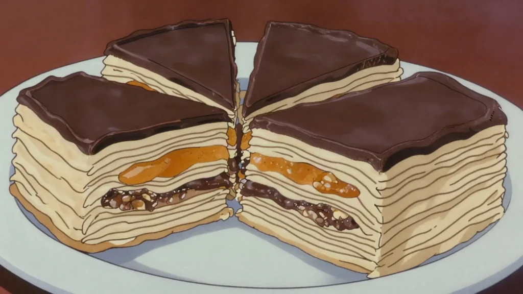 Zserbo, layered walnut and apricot jam slice glazed with dark chocolate, Hungary dessert, anime style