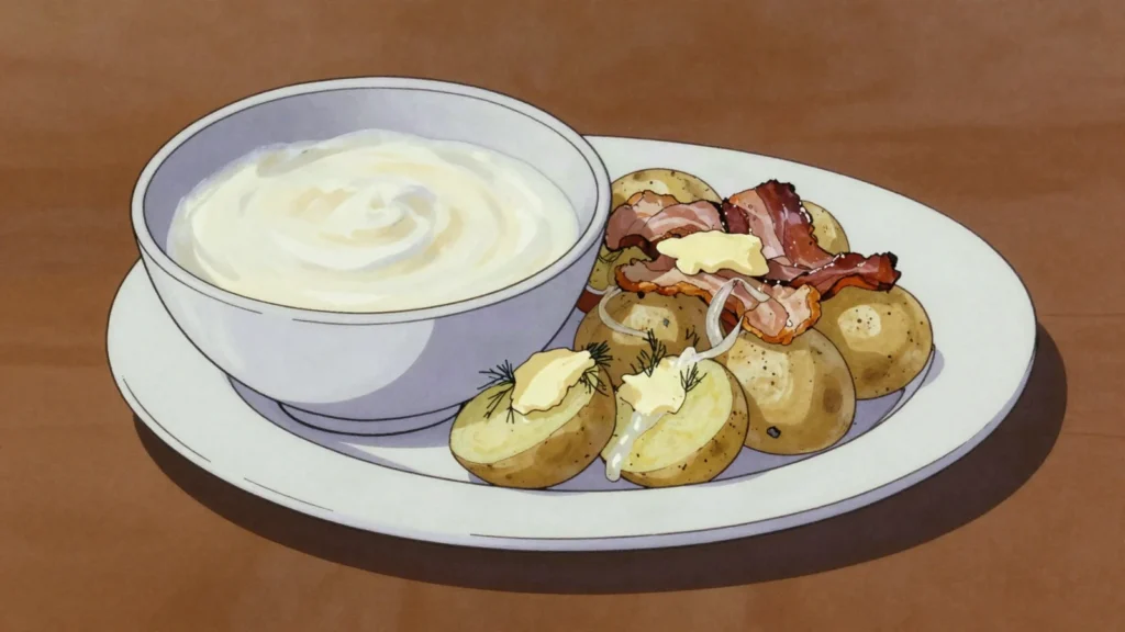Zsiadłe mleko, naturally soured milk eaten with hot potatoes and fried bacon, Poland cheese & dairy, anime style