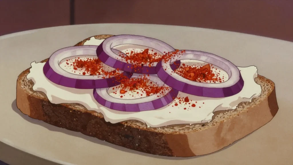 Zsiros kenyer, bread spread with pork lard, topped with red onion and paprika, Hungary snack, anime style