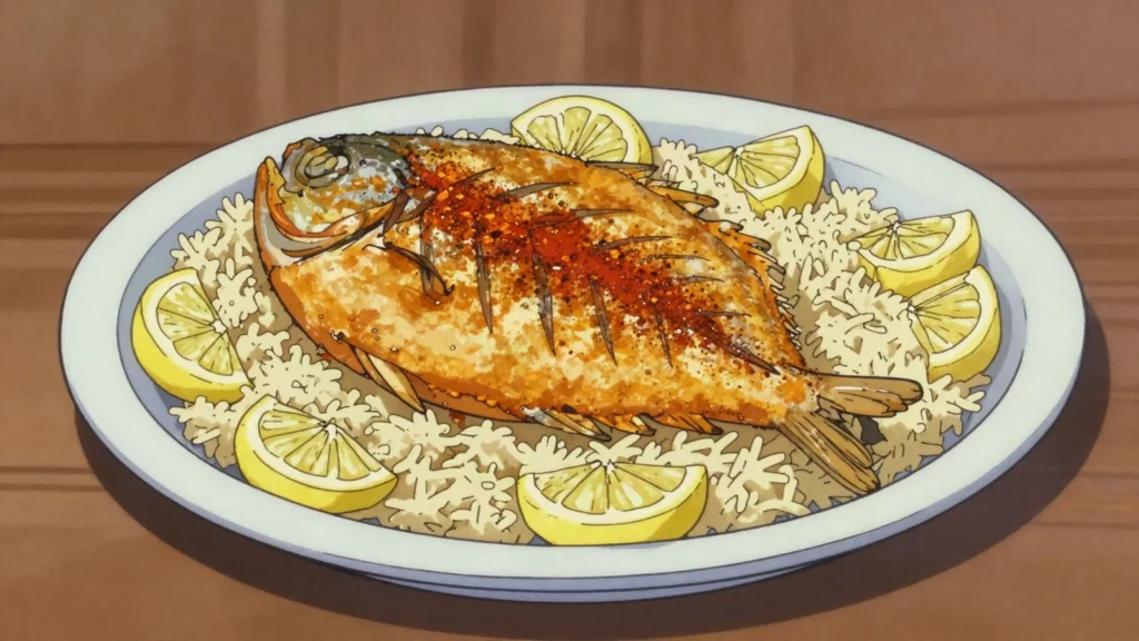 Zubaidi, silver pomfret, Kuwait's most prized fish, fried or baked over rice, Kuwait main, anime style