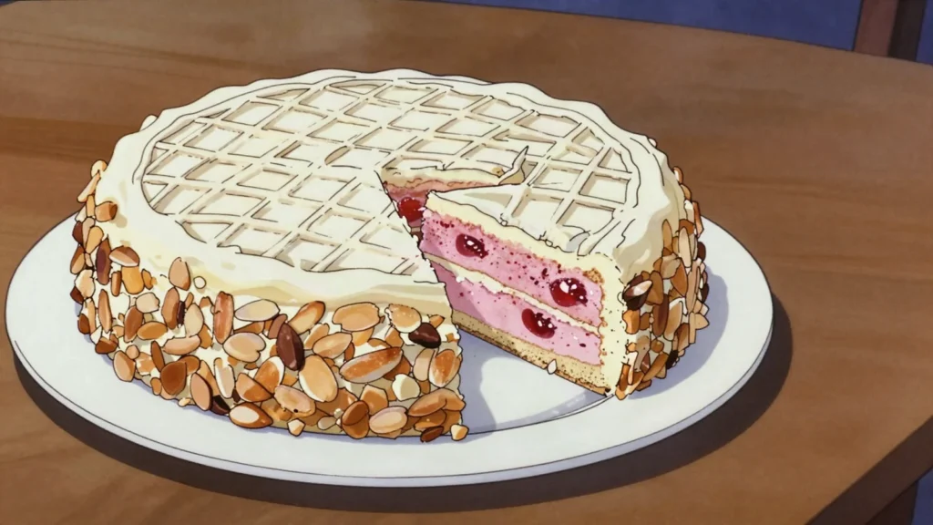 Zuger Kirschtorte, layered nut meringue and sponge cake soaked in cherry kirsch, Switzerland dessert, anime style