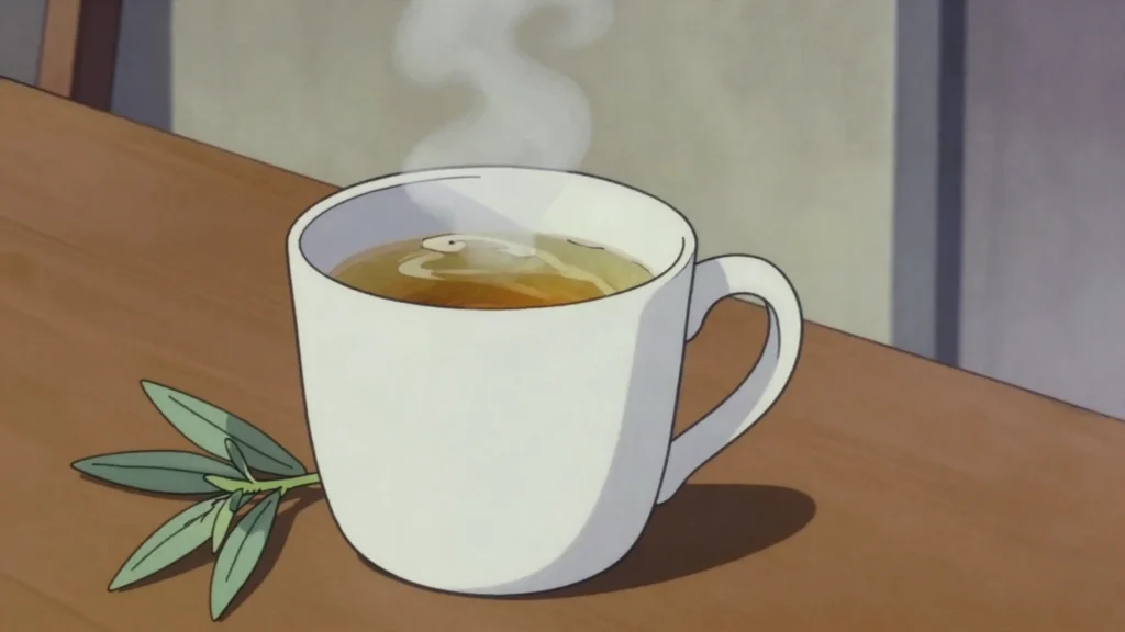 Zumbani tea, herbal infusion of fever-tea leaves, camphor-scented and drunk hot, Zimbabwe drink, anime style