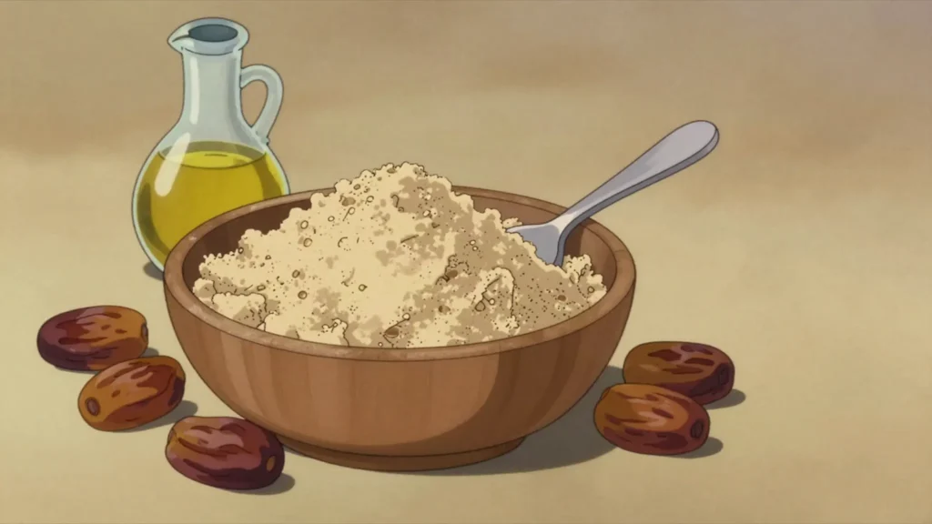 Zummeta, roasted barley flour eaten by the handful with dates, oil or water, Libya snack, anime style