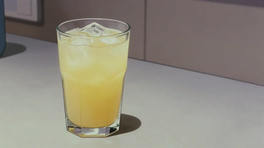 Zumo de jengibre, fresh ginger blended with water, lime and sugar, strained and served, Equatorial Guinea drink, anime style