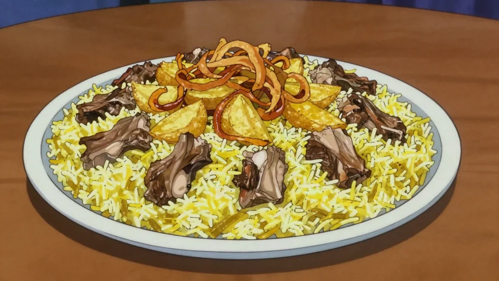 Zurbian, adeni layered rice with lamb, potatoes, saffron and yogurt, Yemen main, anime style