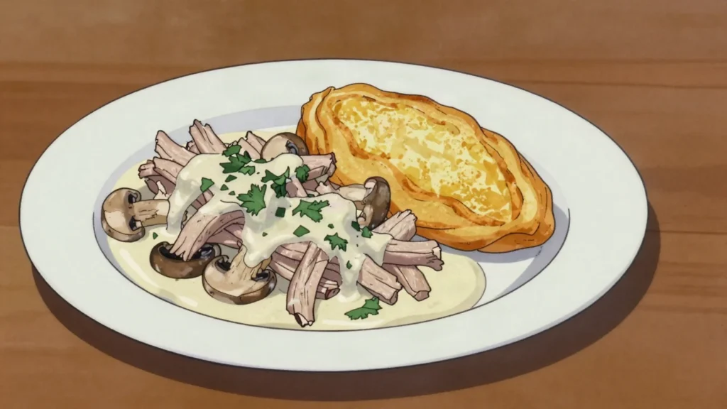 Zürcher Geschnetzeltes, sliced veal in mushroom-cream white wine sauce, with rösti, Switzerland main, anime style