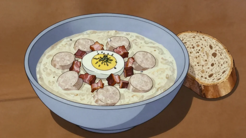 Żurek, sour fermented-rye soup with white sausage and halved egg, Poland soup & stew, anime style