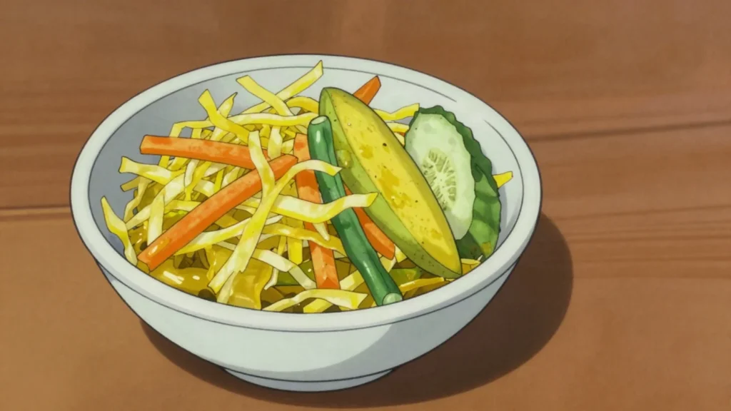 Zuurgoed, vegetables and green fruit soured in vinegar, eaten with rice and roti, Suriname fermented & pickled, anime style