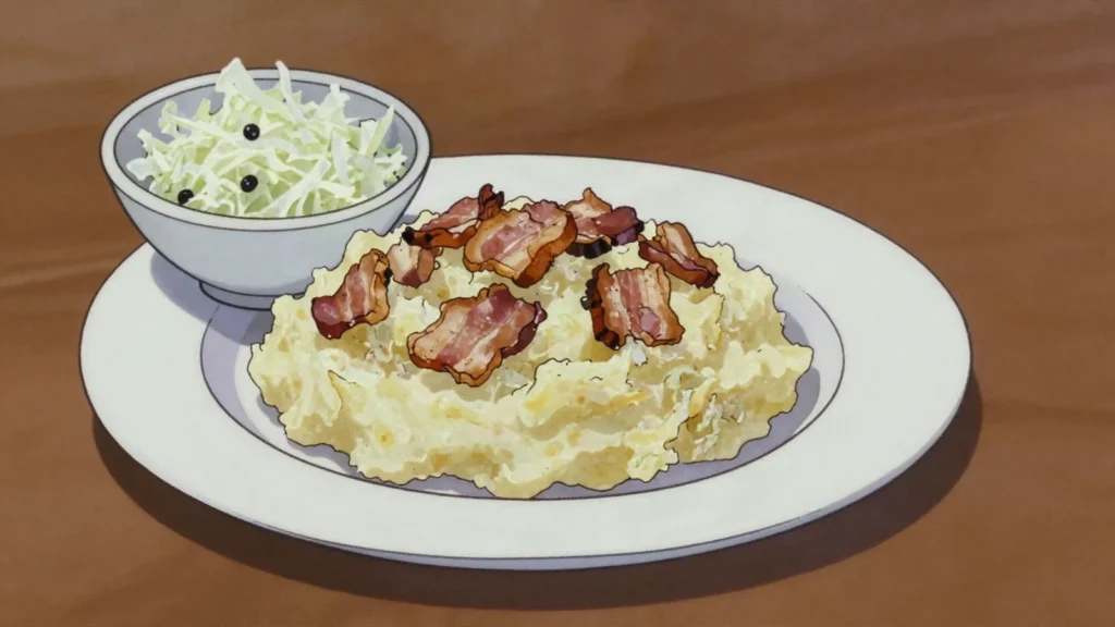 Zuurkool, salt-fermented white cabbage, mashed into stamppot with bacon, Netherlands fermented & pickled, anime style